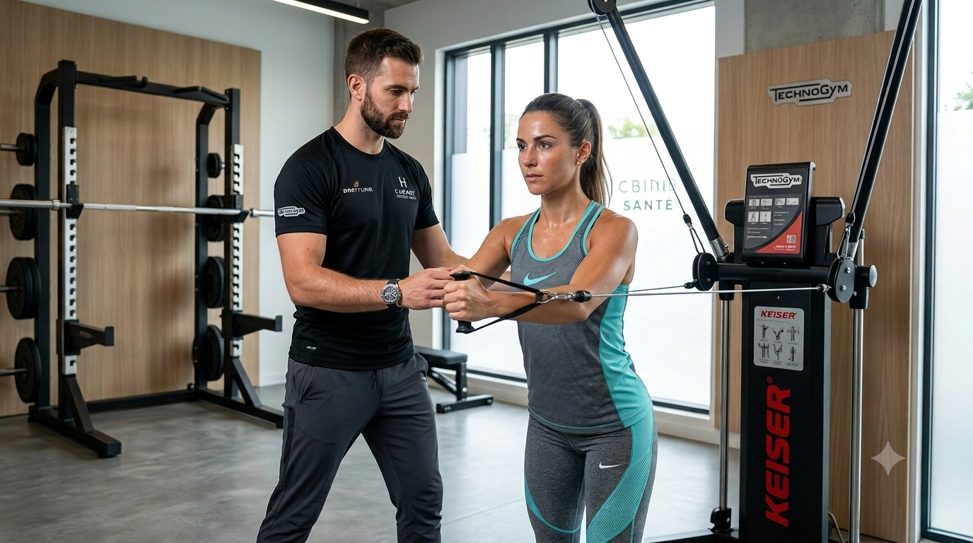 Kinésithérapeute du Cabinet Horizon Santé, homme barbu portant un T-shirt noir à logo, guidant une patiente sportive lors d'exercices de résistance précis sur machine à câbles Keiser dans une salle de rééducation moderne.