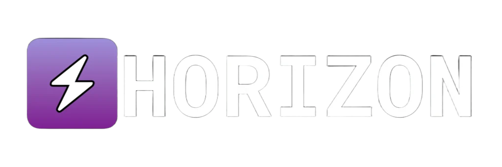 Logo officiel Horizon avec une icône carrée violette affichant un éclair blanc stylisé à côté du mot HORIZON en lettres capitales blanches épurées.