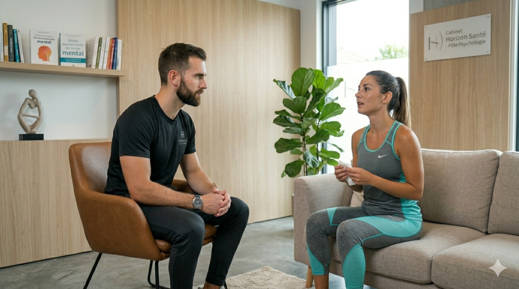 Le psychologue clinicien du Cabinet Horizon Santé, homme barbu en T-shirt noir, est assis dans un fauteuil en cuir, engagé dans une session d'écoute active approfondie avec une patiente émotionnelle assise sur un canapé en tissu gris. Ambiance calme et confidentielle.Psychologie