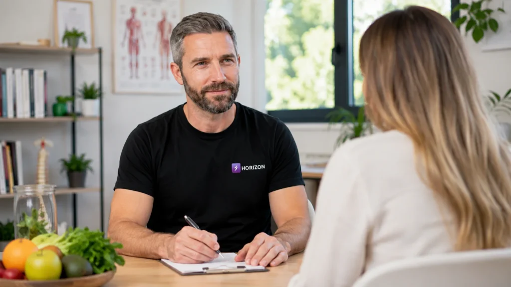 Naturopathe fonctionnel du Cabinet Horizon Santé, homme barbu portant le T-shirt noir à logo, analysant des marqueurs de biochimie nutritionnelle sur un écran d'ordinateur, entouré de flacons de compléments haut de gamme et d'un modèle anatomique.