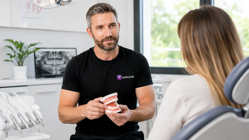 Dentiste holistique du Cabinet Horizon Santé, homme barbu portant des lunettes-loupes de précision et le T-shirt noir à logo, effectuant un examen approfondi sur une patiente dans un fauteuil dentaire moderne. La photo capture les instruments et la précision du geste.